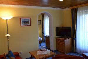 拉姆绍阿佩莱希酒店的客厅配有电视、沙发和桌子