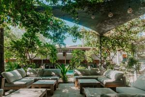 吉利特拉旺安特拉旺安潜水旅馆的天井配有沙发、桌子和树木