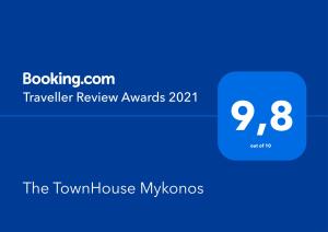 米克诺斯城The TownHouse Mykonos的电视评语奖的屏幕照,带蓝色盒子