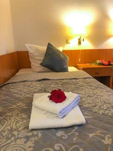 门兴格拉德巴赫Hotel Kaiser的床上的毛巾堆上一朵红玫瑰