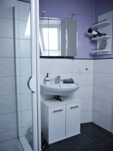 赫尔斯特尔Gästehaus AM HERMANN的白色的浴室设有水槽和淋浴。