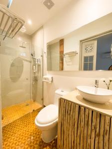 圣多明各Mosquito Boutique Hotel Zona Colonial的一间带水槽、卫生间和淋浴的浴室