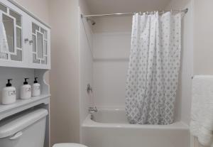 杰克逊Hidden Hollow 3 Bedroom Executive Monthly Rental Minimum 30 night Rental的白色的浴室设有淋浴帘和卫生间。