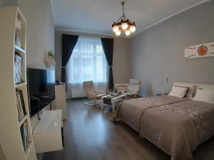 布达佩斯布达佩斯中央公寓的一间卧室设有一张床和一间客厅。