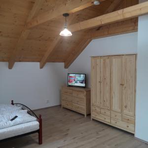 Jeřmaniceapartman u\Kapra的一间卧室设有一张床、一台电视和木制天花板