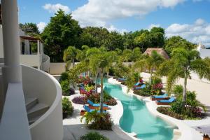 巴卡拉尔Blue Palm Bacalar的享有带椅子和棕榈树的度假村游泳池的空中景致