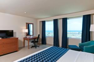 卡波圣卢卡斯卡波圣卢卡斯智选假日酒店的酒店客房设有一张床、一张书桌和窗户。