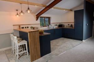 邓吉文FLANDERS LOFT Luxury Apartment with sauna的一间设有蓝色橱柜和柜台的大厨房
