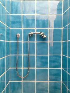 乌真托Masseria Caposella的浴室铺有蓝色瓷砖,设有淋浴。