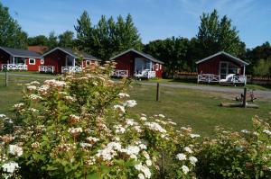 海斯勒Hasle Camping & Hytter的一群红色小屋,在田野里种满鲜花