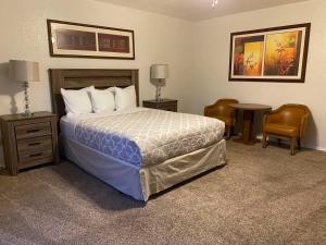帕尔默鹰酒店的卧室配有一张床和一张桌子及椅子