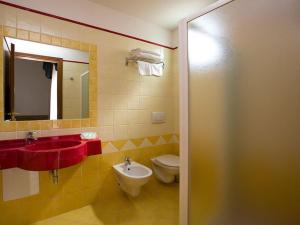 里米尼Hotel Arena的一间带水槽、卫生间和镜子的浴室