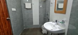 瑞诗凯诗Shivansh Inn Resort的一间带水槽、卫生间和镜子的浴室