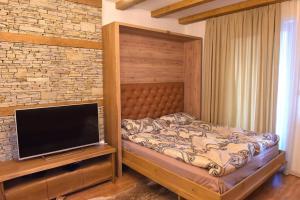 班斯科Луксозен, светъл апартамент в Банско, близо до лифт的一间卧室配有一张床和一台平面电视