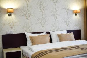 巴尼亚卢卡Hotel Zepter Palace的卧室配有一张带两盏灯的墙壁床。