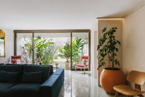 EscazúCasa 41的客厅配有蓝色的沙发和盆栽植物