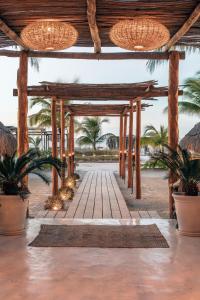 奥尔沃克斯岛Ser Casasandra Boutique Hotel的海滩上一个棕榈树和灯的凉亭