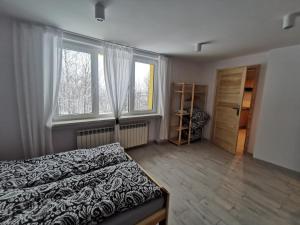 什切尔克Górski Apartament w Szczyrku的一间卧室设有一张床和两个窗户。