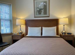波士顿绿洲宾馆的一间卧室配有一张带两盏灯和一把椅子的床。