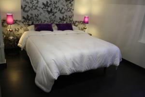 桑坦德Los Balcones del Arte的卧室配有一张带紫色枕头的大型白色床。