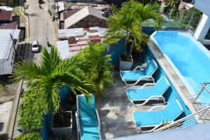 基布多Hotel Interpacific的享有棕榈树游泳池和蓝色躺椅的顶部景致