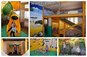图尔诺夫Apartmány Bejby Turnov的儿童在室内游戏结构上玩耍的照片拼贴