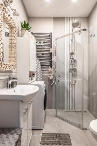 黑杜纳耶茨Apartament Biała Perła的带淋浴、卫生间和盥洗盆的浴室