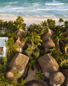 图卢姆图卢姆恩坎塔达酒店的享有棕榈树和遮阳伞海滩的空中景致