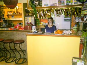象岛岩石白兰宾馆的坐在餐厅柜台的女人