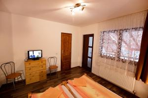 思贝儿Pensiunea Flori Sibiel的一间卧室设有一张床、一台电视和一个窗口。