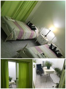 瓜伊马延Nely's House en Mendoza的卧室两张照片,配有一张床和一张桌子