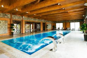 LesnikiHotel Riders Equides club的一座带木制天花板的别墅内的游泳池