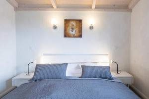 达格比尔Ferienhaus Steinwälzer的一间卧室配有蓝色的床和2个蓝色枕头