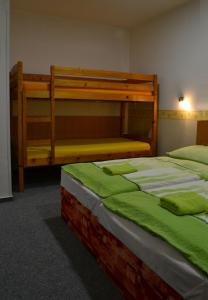 德辛Hostel Děčín Na Skřivánce的一间卧室配有两张双层床,铺有绿色床单。