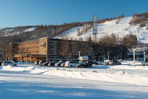 蓝山Blue Mountain Resort Inn的雪地里一座有建筑物的停车场