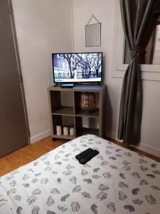 勒特雷波尔Ô bord de L' eau的一间卧室配有一张床和一台位于台面的电视