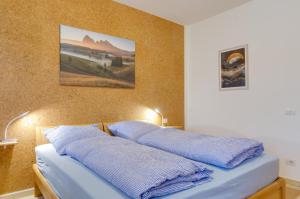 博尔扎诺Peters Guest House的床上有2个蓝色枕头