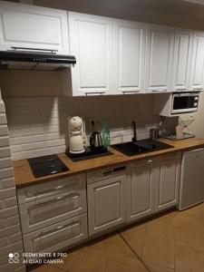 新古提Panorama Lake Resort的厨房配有白色橱柜和台面