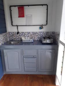 圣乔治Cosy Hut的厨房柜台设有水槽和镜子