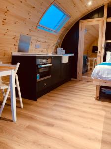 GalstonThistle Pod at Ayrshire Rural Retreats Farm Stay Hottub Sleeps 2的一间卧室配有一张床、一张书桌和一个窗户。