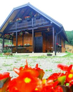 巴伊纳巴什塔Brvnara Sofiana的前面有鲜花的木屋