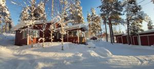 伊瓦洛Hideaway Cottage的雪中的房子,有雪覆盖的树木