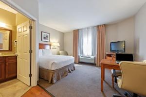 麦卡莱斯特Extended Stay America Suites - McAlester - Hwy 69的酒店客房配有一张床、一张书桌和一台电视。