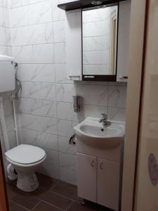 尼什Mario Sunce Apartmani的一间带卫生间、水槽和镜子的浴室