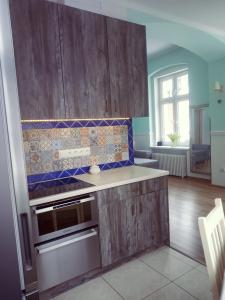 杜什尼基-兹德鲁伊Fiore的厨房配有木制橱柜和炉灶烤箱。