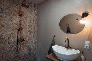巴尔维Teatra street apartment的浴室配有盥洗盆和带镜子的淋浴