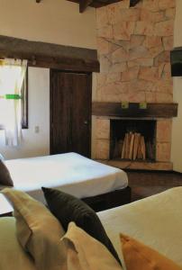米内拉尔德尔蒙特整体皇家水疗酒店的一间卧室设有两张床和石头壁炉