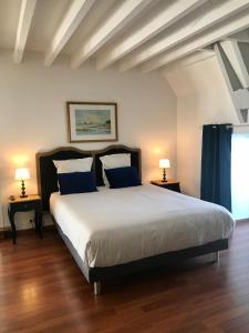 圣马洛圣马洛1685庄园酒店的一间卧室配有一张带蓝色枕头的大床