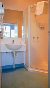 霍巴特海滨洛奇汽车旅馆的一间带水槽和淋浴的浴室
