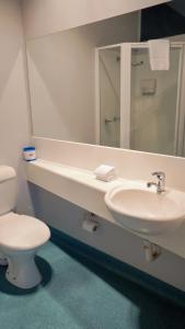 霍巴特海滨洛奇汽车旅馆的一间带水槽、卫生间和镜子的浴室